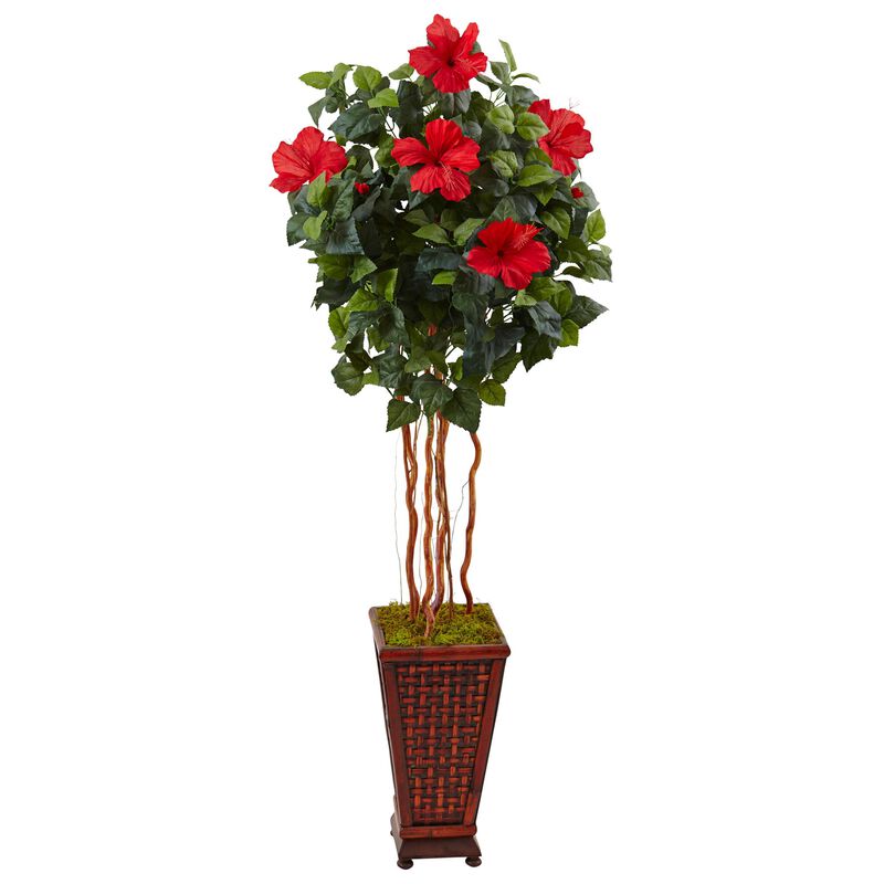 Hivvago 5 Feet Hibiscus Tree in Decorated Wooden Planter