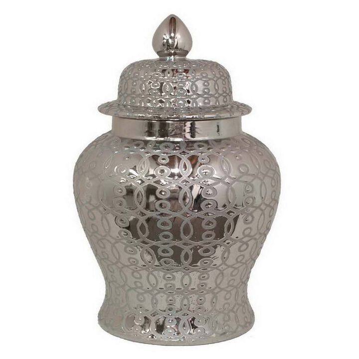 25 Inch Temple Jar, Ceramic Construction, Removable Lid, Silver Finish - Benzara