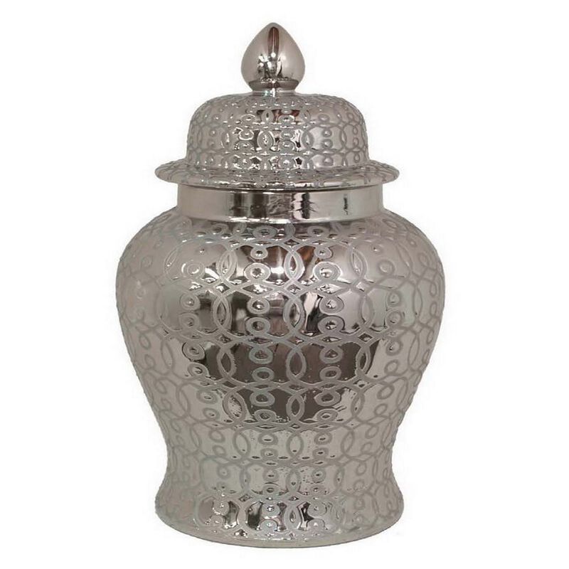25 Inch Temple Jar, Ceramic Construction, Removable Lid, Silver Finish - Benzara