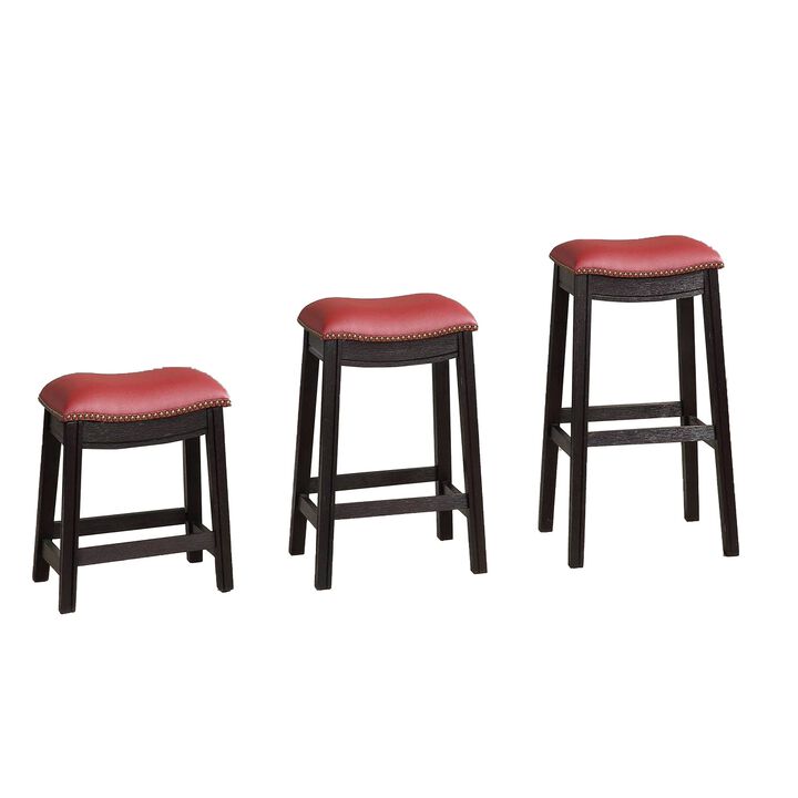 18 Inch Wooden Stool with Upholstered Cushion Seat, Set of 2, Gray and Red-Benzara