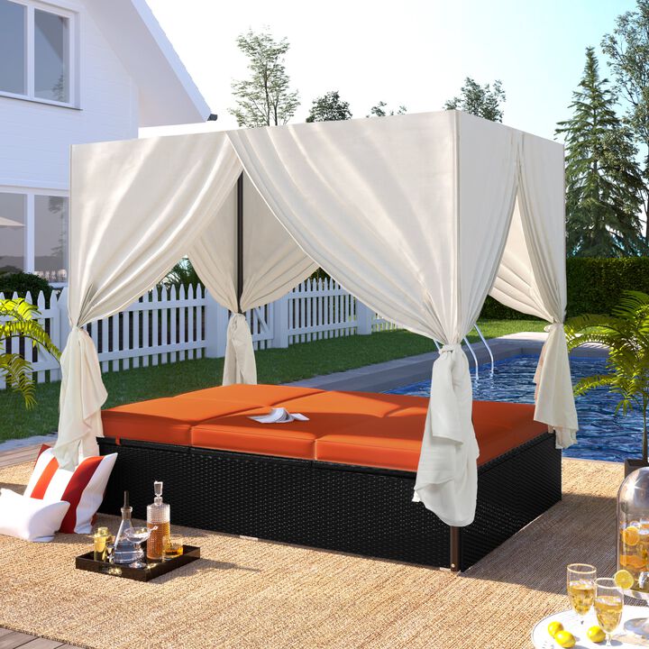 Mondawe Outdoor Patio Rattan Sunbed,With Cushions And Adjustable Seats PE Wicker Daybed