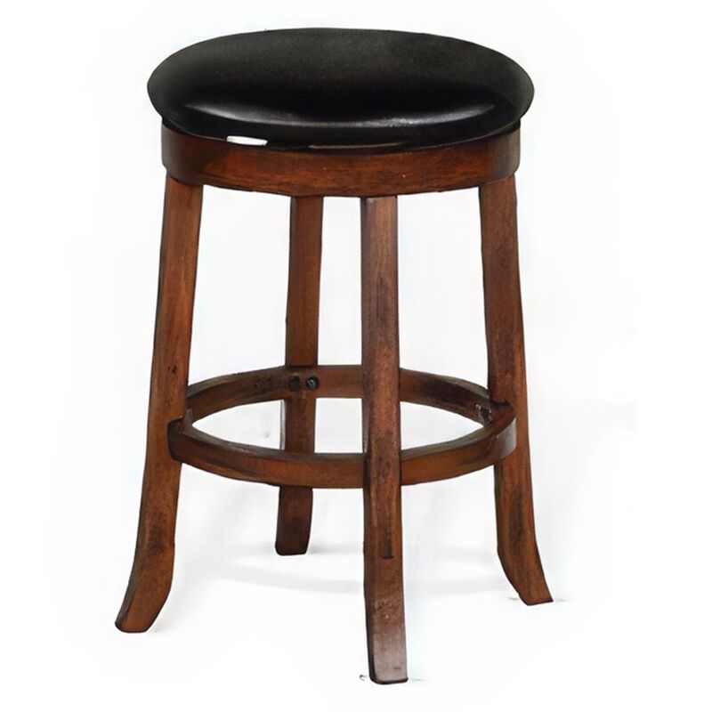Reggie Swivel Counter Stool Set of 2, Black Faux Leather, Brown Wood - Benzara