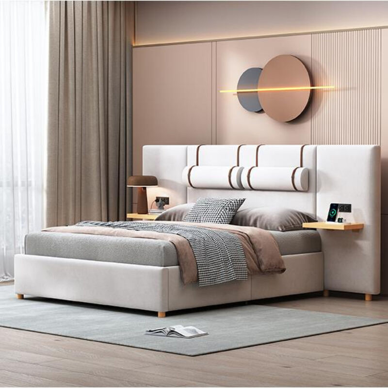 Upholstered Bed Frame with Dual USB Ports Outlets Storage Shelves and Pillows