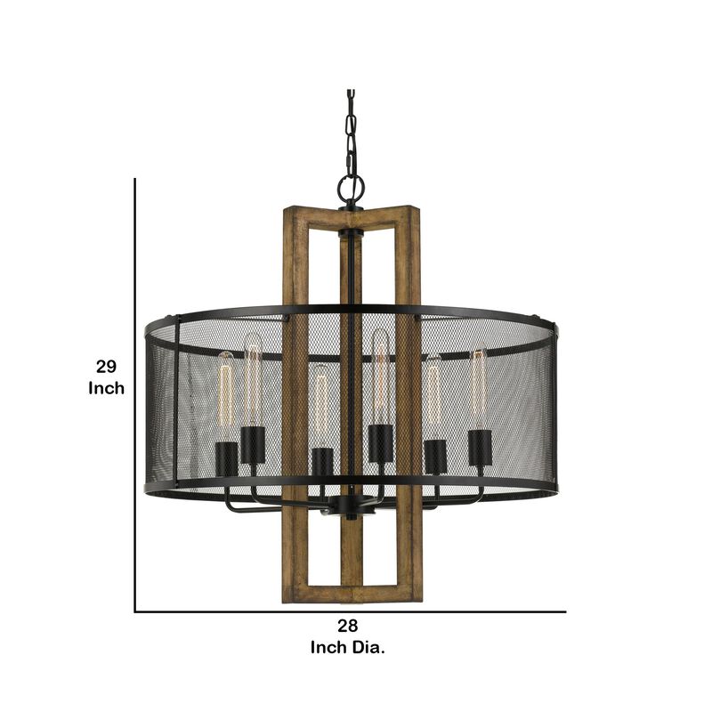 60 X 6 Wooden Chandelier with Round Metal Mesh Shade, Black and Brown-Benzara