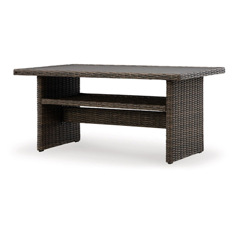 Soha 59 Inch Outdoor Multi Use Dining Table, Resin Wicker with Shelf, Brown - Benzara