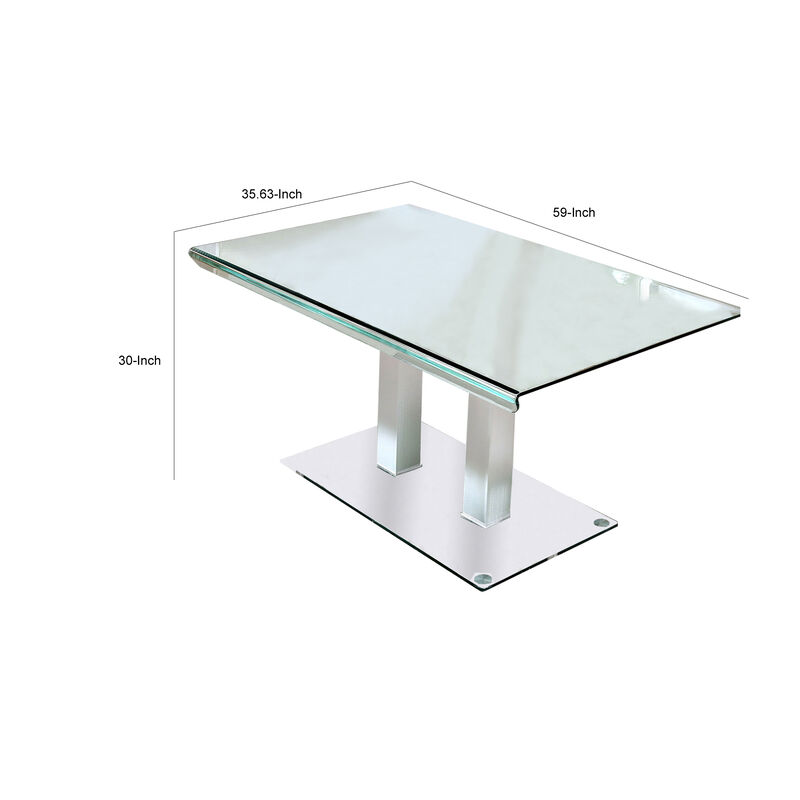 Metal and Glass Dining table with Dual Post Pedestal base, Chrome - Benzara
