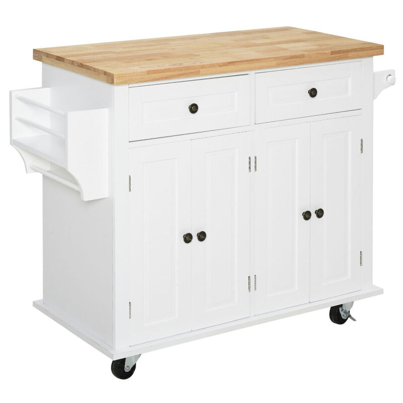 White Kitchen Trolley: Rolling Cart with Wood Top and Storage