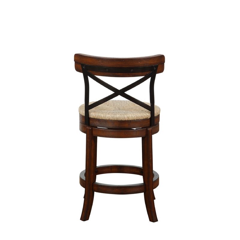 Mia 24 Inch Swivel Counter Stool, Crossed Metal Back, Sedge Seat, Brown-Benzara