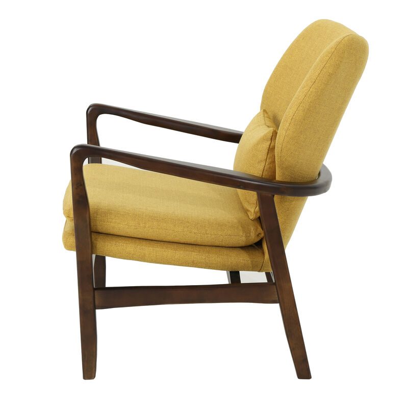 Keya Accent Chair, Mustard Yellow Fabric, Button Tufted Back, Accent Pillow - Benzara