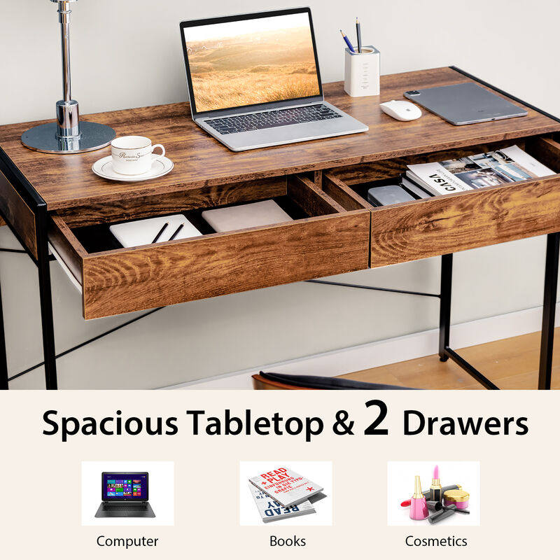 Costway Computer Desk Metal Frame Study Table Home Office Workstation w/2 Drawers Black