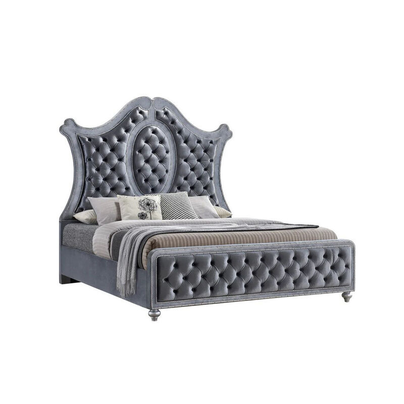 Rall Queen Size Bed, Curved Wood Headboard, Tufted Gray Fabric Upholstery - Benzara