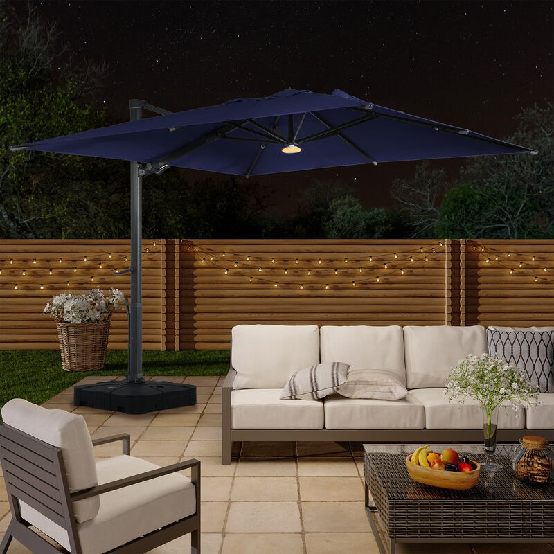 10 ft 360° Rotation Square Cantilever Patio Umbrella with BaseandBT in Navy Blue
