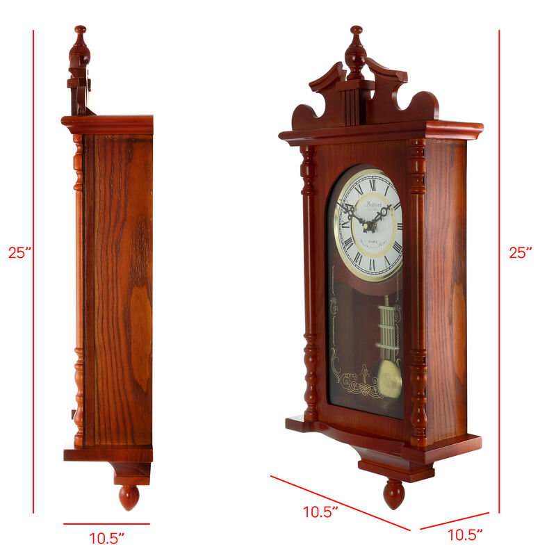 Bedford Collection 25 Inch Wall Clock with Pendulum and Chime in Dark Redwood Oak Finish