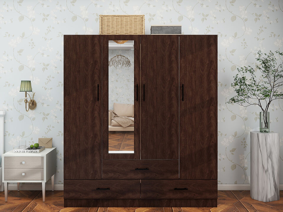 Armoire Wardrobe Closet with Mirror, 4-Doors Large Wardrobe Closet with Hanging Rod, Wardrobe Cabinet 3 Drawers Wardrobe Organizers and Storage 63''Wx18.9''Dx70.8''H