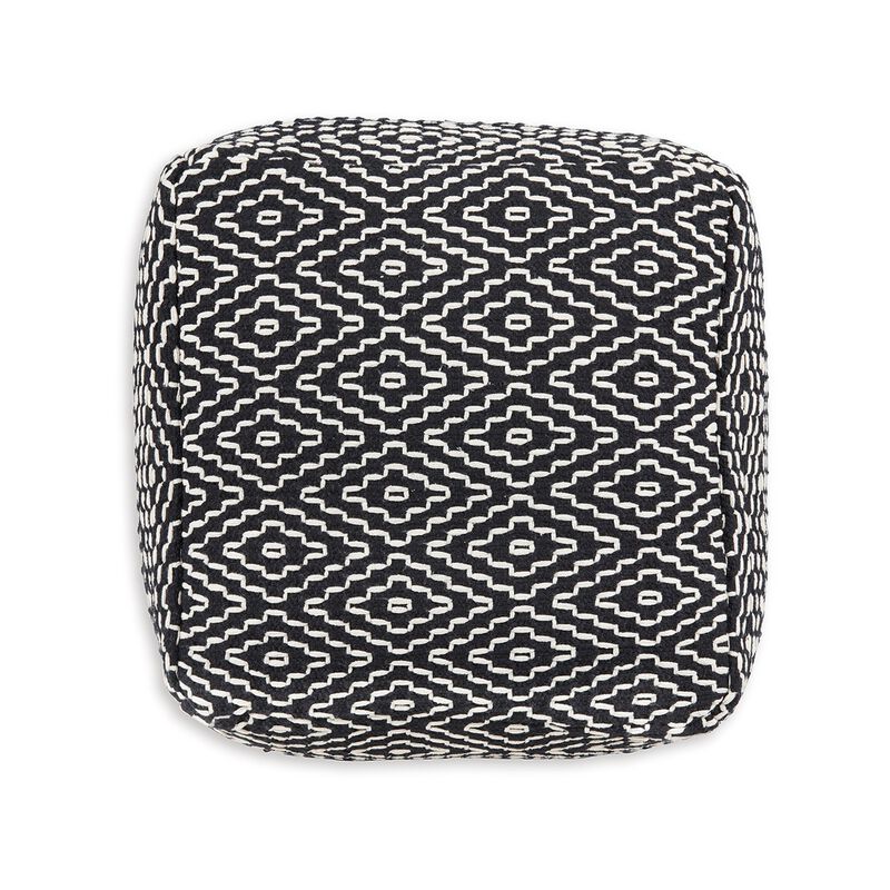 Sena 22 Inch Ottoman Pouf, Handwoven Pattern, Cotton Cover, Black White -
