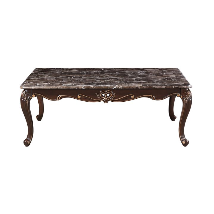 Cona 54 Inch Cocktail Coffee Table, Carved Gold Accent, Cherry Brown, Gray - Benzara