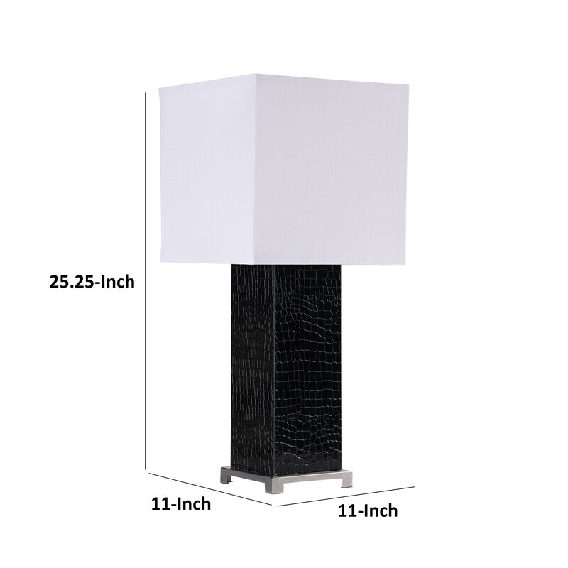 25 Inch Table Lamp, Square White Shade, Modern Black Crocodile Pattern Base - Benzara