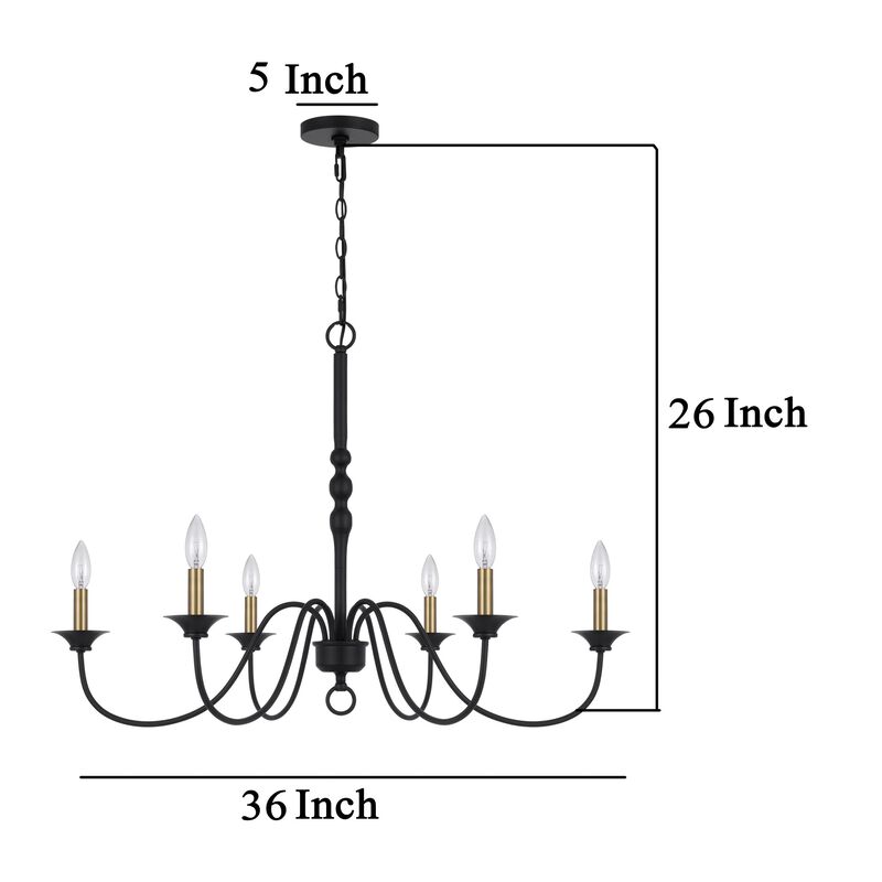 Rino 36 Inch Chandelier, Brass Candelabra Sleeve Accents, Black Metal - Benzara