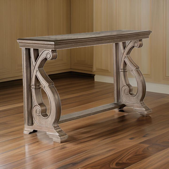 Gia Sofa Table, 50 Inch Rectangular, Carved Details, Brown Solid Wood