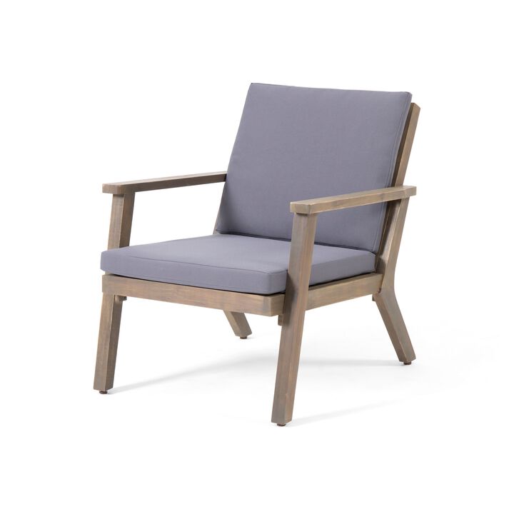 Elin Outdoor Club Chair Set of 2, Acacia Wood Frame, Gray Cushions - Benzara