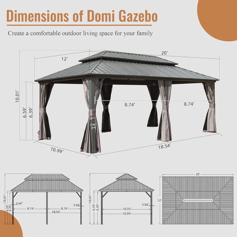 MONDAWE 12ft X 20ft Outdoor Hardtop Gazebo with Curtain and Netting Aluminum Frame Galvanized Steel Double Roof Permanent Gazebo Pavilion for Patio, Backyard, Deck, Lawn