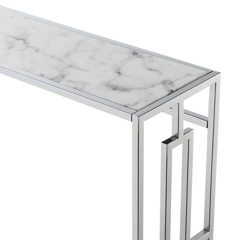 Convenience Concepts Town Square Chrome Console Table with Shelf White Faux Marble/Chrome