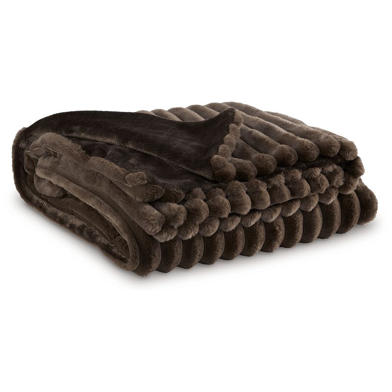 Faux Fur Throw Blanket, 61 Inch Plush Dark Brown Striped Polyester - Benzara