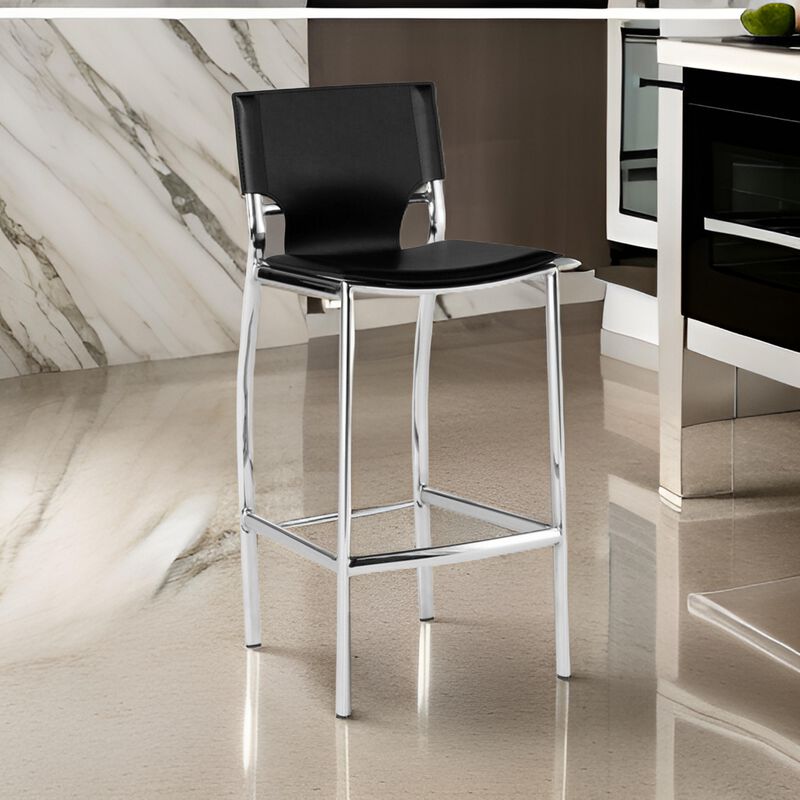 Jan 25 Inch Counter Height Chairs, Set of 2, Gray Faux Leather, Chrome Metal Legs - Benzara