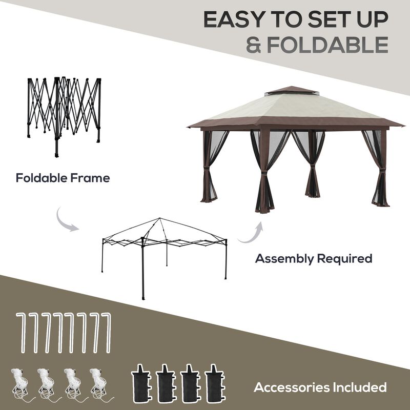 Beige Outdoor Shelter: 13x13ft Netted Pop Up Gazebo Canopy Tent