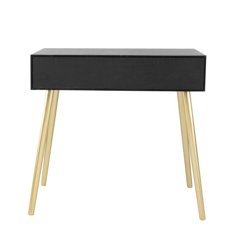 Pia 32 Inch Wood Console Table, 2 Drawers, Woven Rattan Design, Black, Gold-Benzara