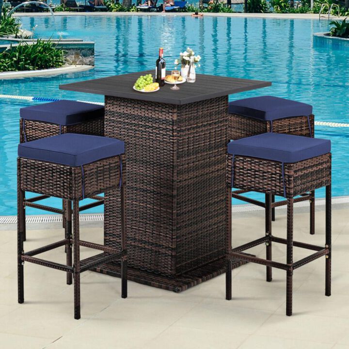Hivvago 5 Pieces Patio Rattan Bar Furniture Set with Cushions and Hidden Storage Shelf