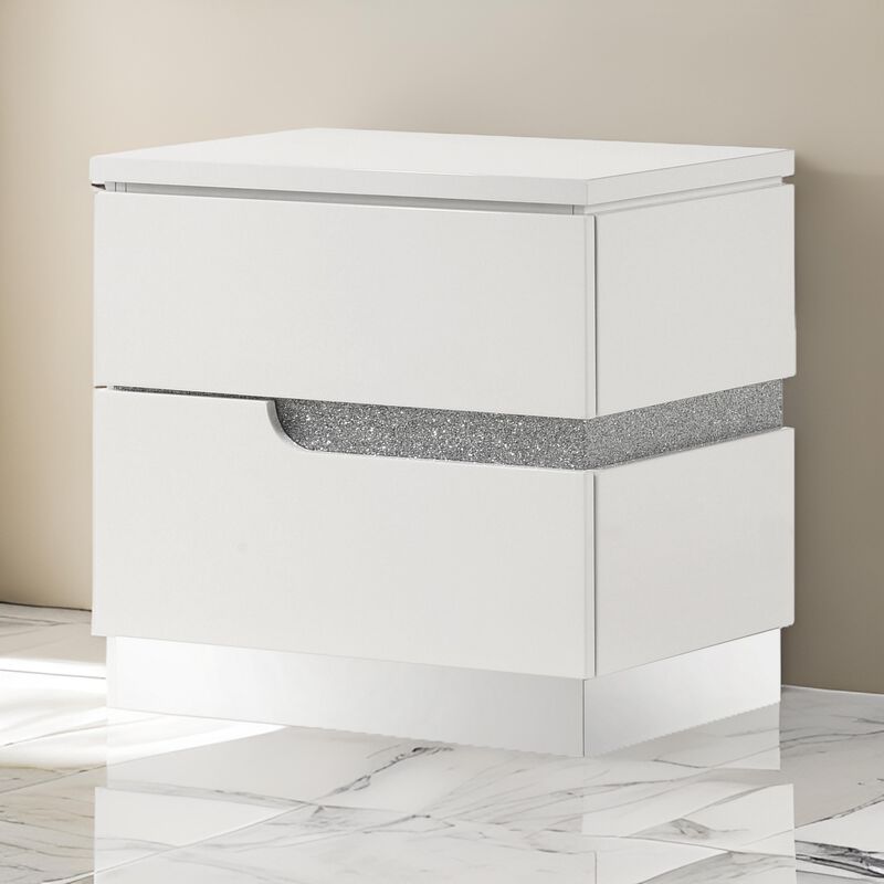 Ara 23 Inch Nightstand, 2 Drawers, Crystal Accents, White Laminate Finish - Benzara