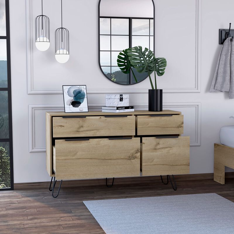 DEPOT E-SHOP Begonia Double Dresser, Four Drawers, Superior Top, Hairpin Legs, Light Oak