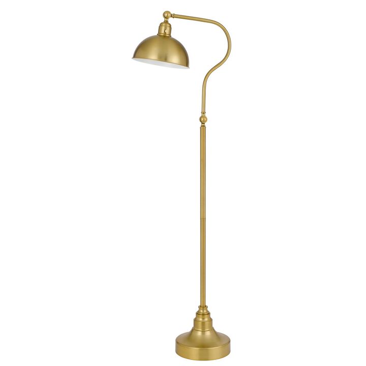 60 Inch Metal Curved Floor Lamp, Adjustable Dome Shade, Brass-Benzara