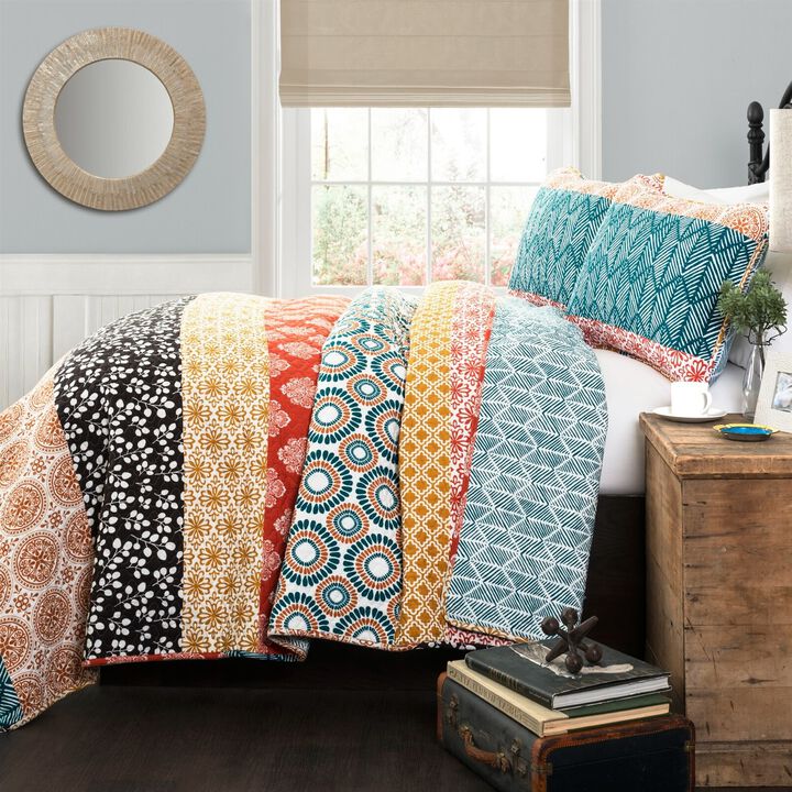 Hivvago Full/Queen size Cotton 3 Piece Reversible Teal Orange Bohemian Stripe Quilt Set