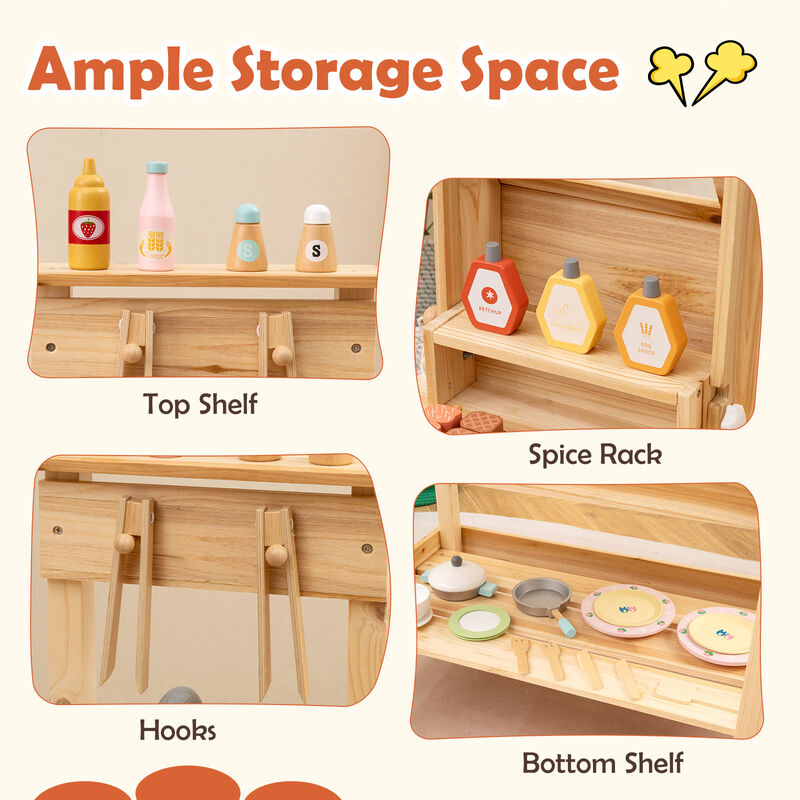 Wooden Barbecue Grill Playset with Play Food and Open Shelves