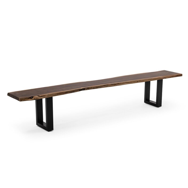 Cid Xue 102 Inch Dining Bench, Brown Live Edge Rectangular Top, Black Metal - Benzara