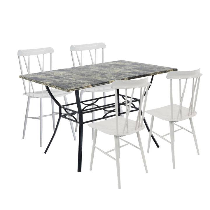 Bien 5 Piece Dining Table and Chair Set, White Metal, Gray Faux Marble - Benzara