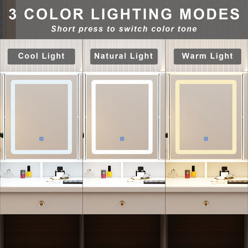 White Modern Makeup Vanity Desk 9 Drawers Wood Dressing Table With 3 Mirrors, Hidden Storage Shelves, LED Lighted