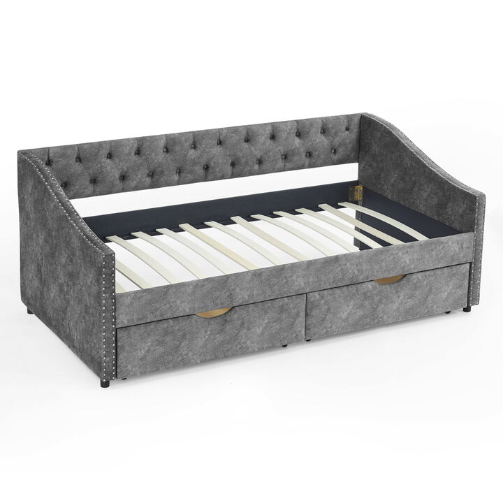 Grey Upholstered Twin Daybed with Drawers & Tufted Sofa
