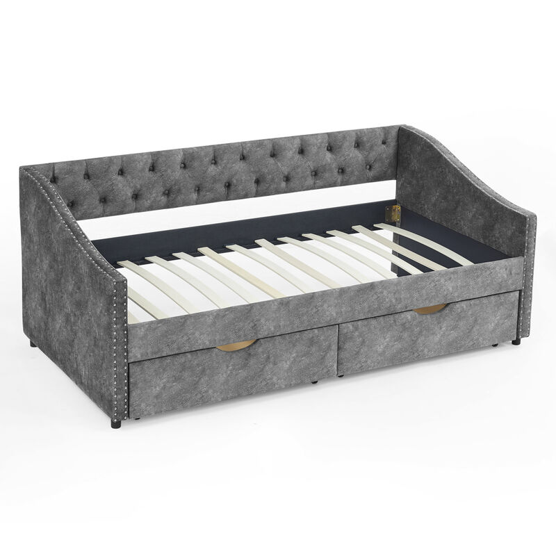 Grey Upholstered Twin Daybed with Drawers & Tufted Sofa
