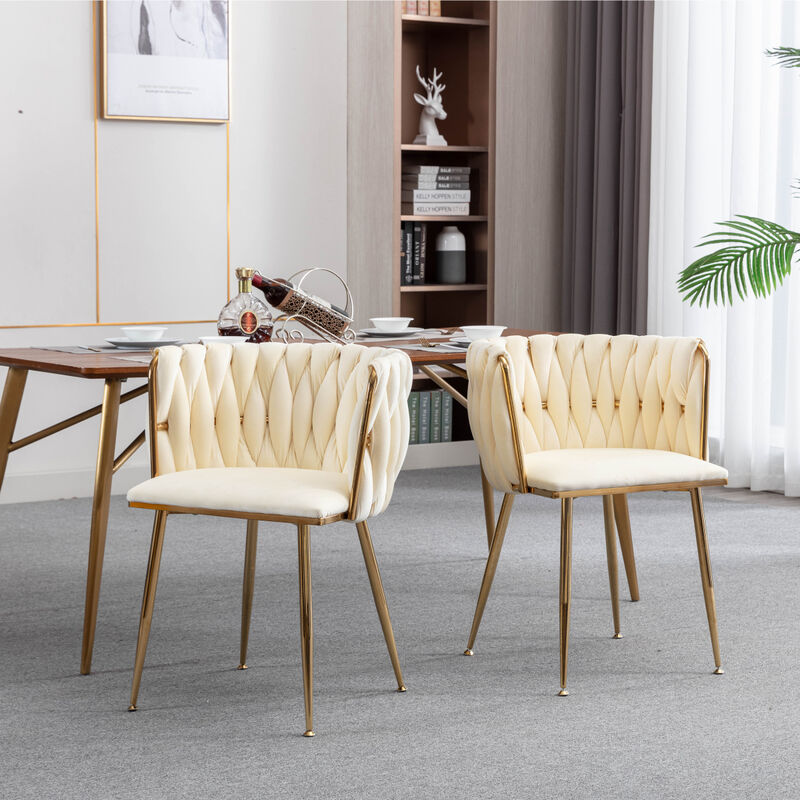 Modern Design Metal Frame Velvet Fabric Dining Chair With Legs, Set Of 2, Ivory