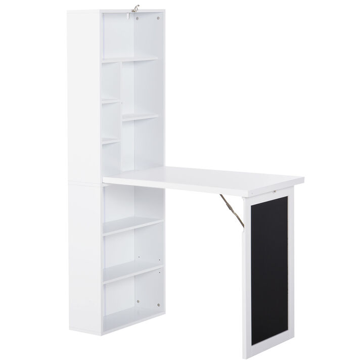 HOMCOM Fold-out Convertible Writing Table Wall Mount Desk Cabinet with Blackboard and Side Shelf Multi-Function Home Office Workstation, White