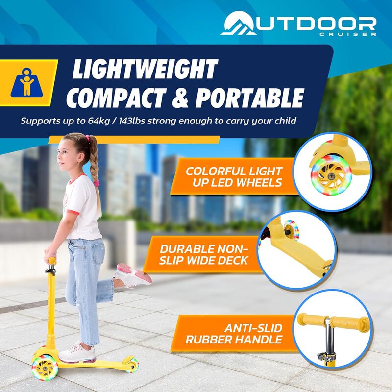 Outdoor Cruiser 3-Wheel Kids Scooter – with Lean-to-Steer Technology, Led Lighted Wheel, 4-Level Adjustable Height T-bar Handle, Support Kids Up to 150 Lbs, for Boys & Girls Ages 3-8