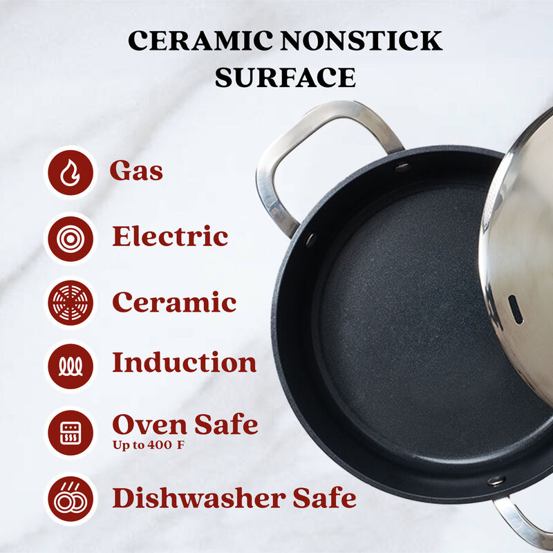 Alva Maestro Ceramic Nonstick Saute Pan Skillet with Lid 9.5" 3.5 Qt. Stay Cool Handle, Scratch Resistant Healthy Cooking Pan, Non Toxic, Compatible with All Stovetops, Oven Safe & Induction Safe