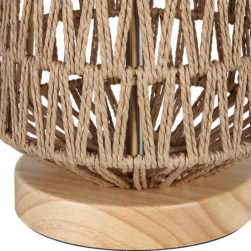 24 Inch Table Lamp, Brown Woven Rope, Linen Shade, Wood Base, Off White - Benzara