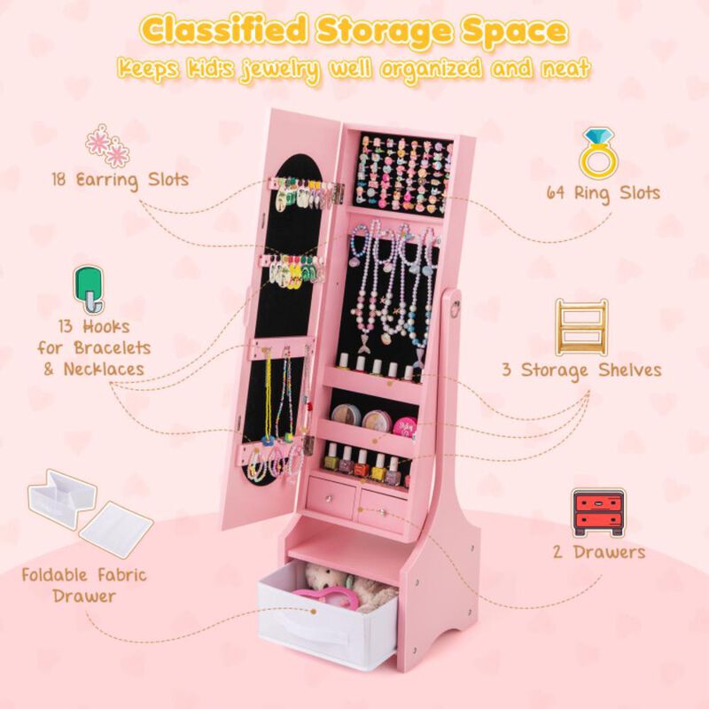 Hivvago Freestanding Kids Jewelry Armoire Cabinet with Storage and 2 Tilt Angles