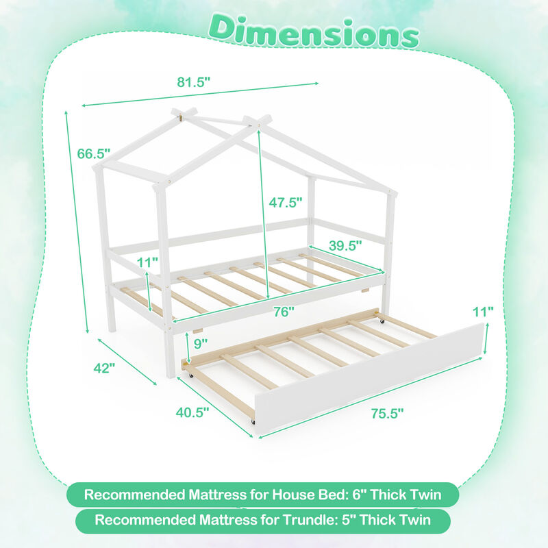 Kids Twin Size House Bed with Trundle and Roof Fun and Functional Sleep Space