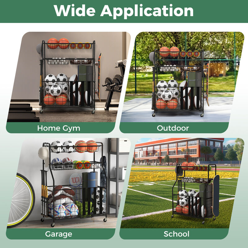 Garage Sports Equipment Organizer with Hooks & Baskets for Basketball