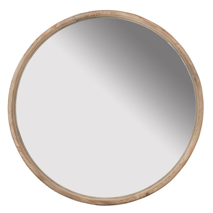 28 Inch Round Wall Mount Accent Mirror, Natural Fir Wood with Subtle Grains-Benzara